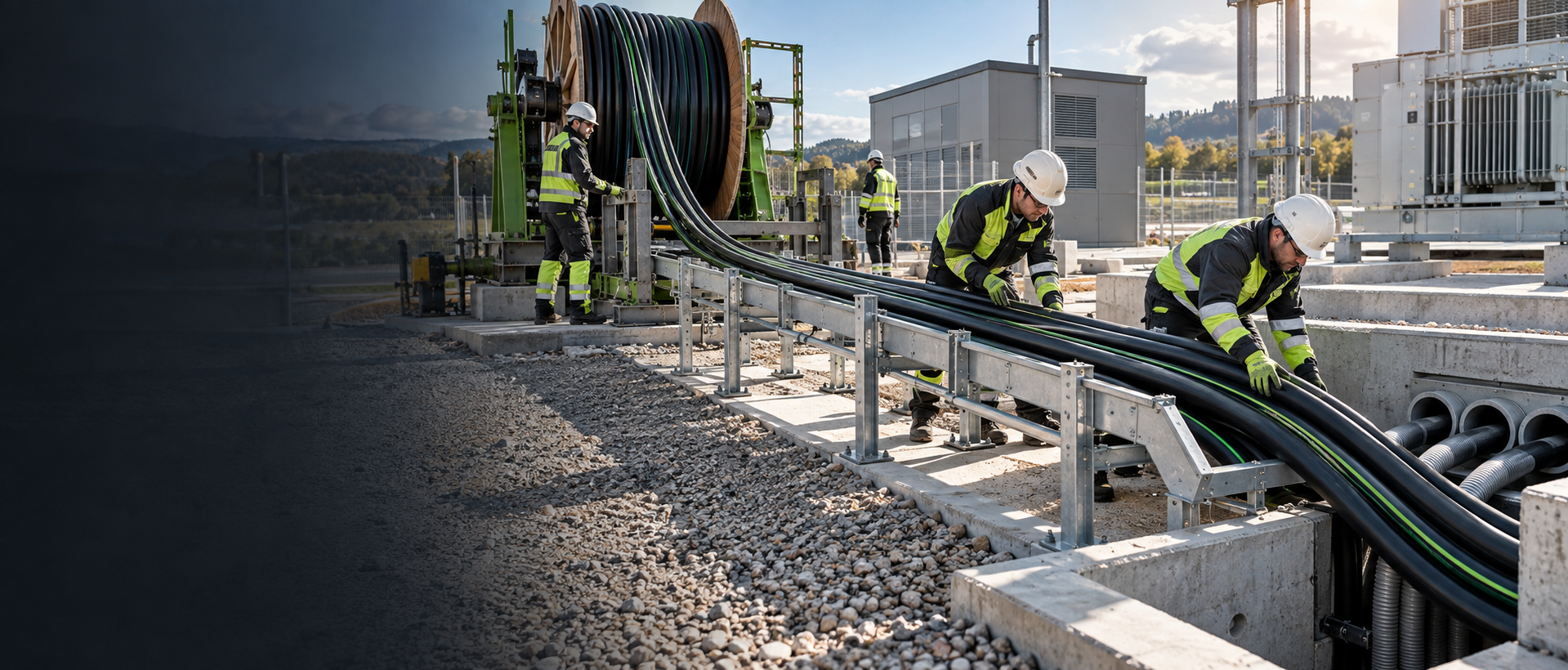Professioneller Kabelzug an einer Energieinfrastruktur
